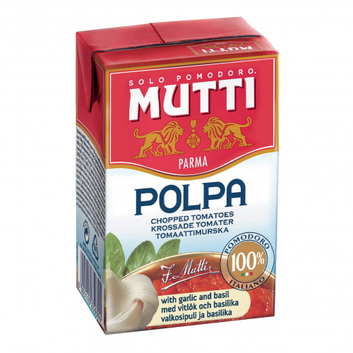 Томаты резаные кубиками в томатном соке с чесноком и базиликом тетрапак, Mutti (0,390кг)